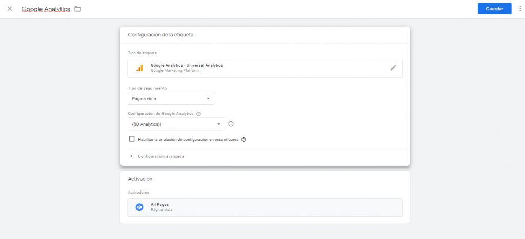 guardar configuracion etiqueta ga