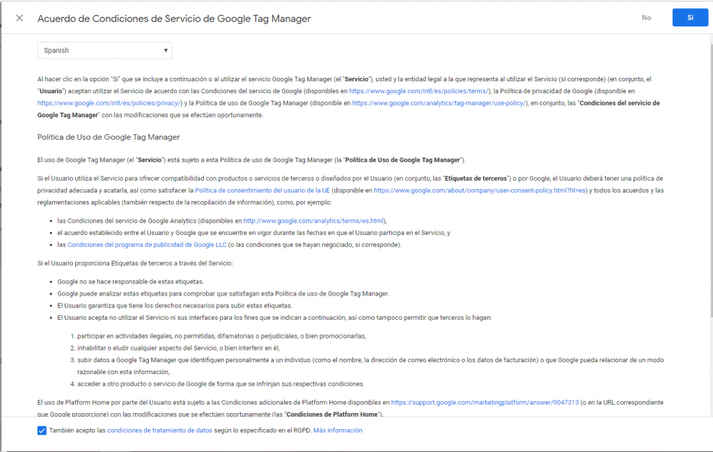 aceptar condiciones google tag manager aceptar política de google