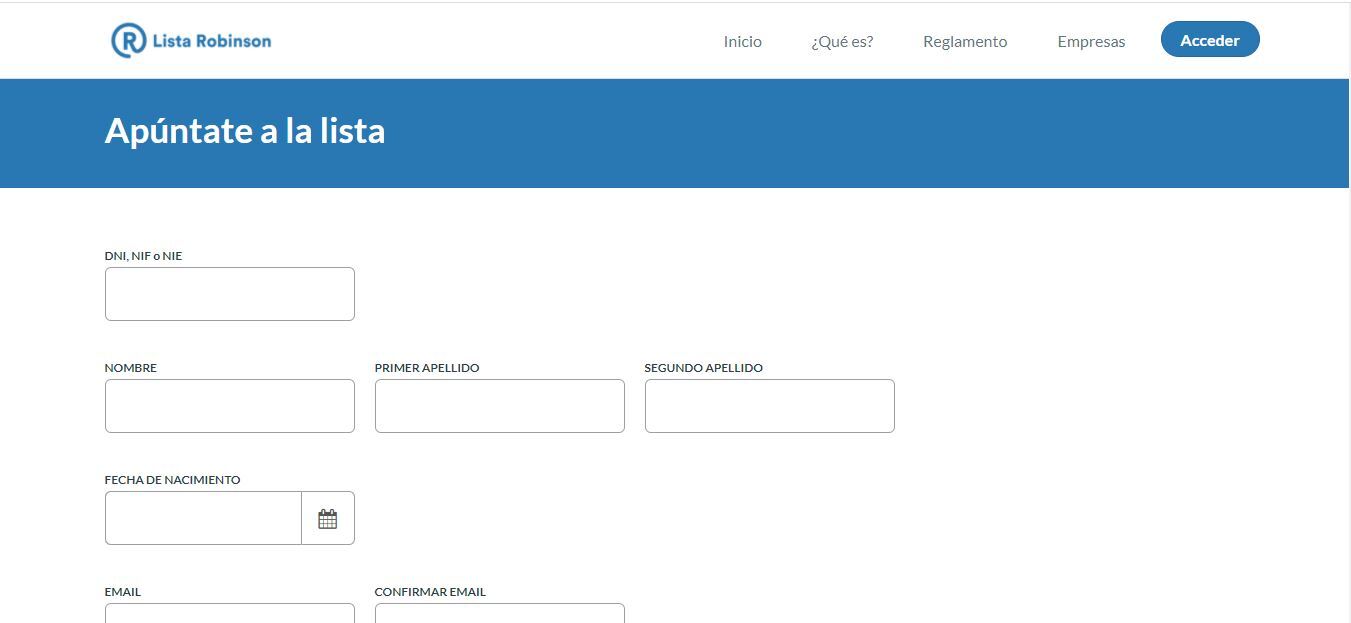 registro en la lista robinson Apuntarse en la lista Robison paso 3