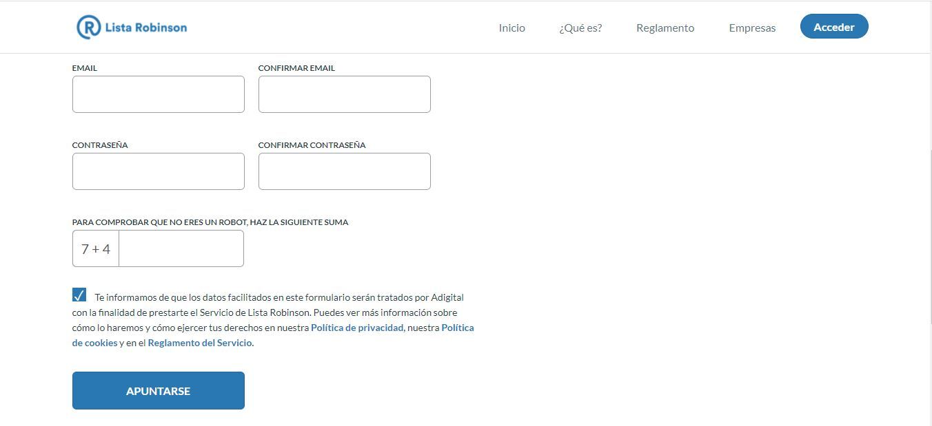 registro lista robinson Apuntarse en la lista Robison paso 4