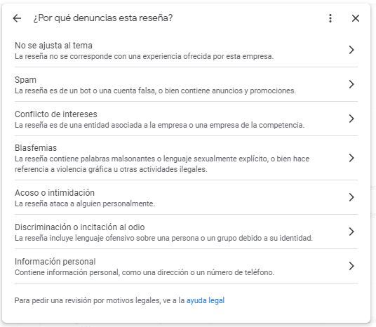 razones para eliminar una reseña en Google Business Profile