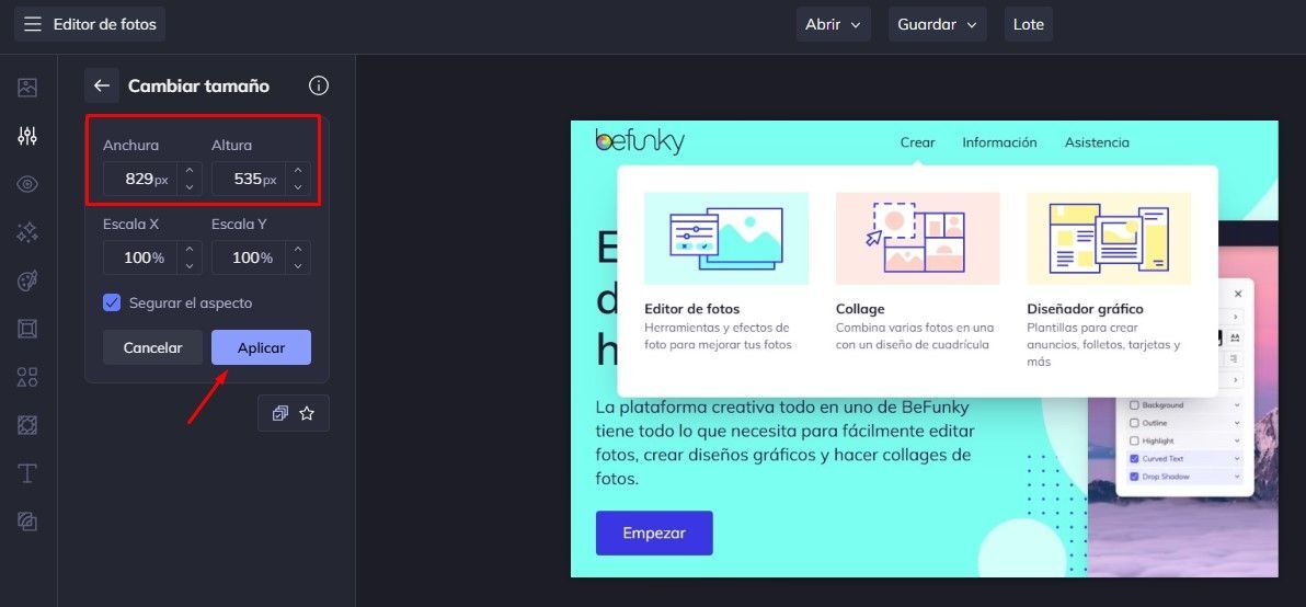 BeFunky cambiar tamaño fotos
